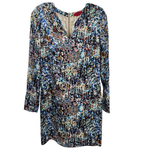 HUGO Hugo Boss Multicolor Abstract Silk Long Sleeve Sheath Dress Women Sz 2 - Picture 2 of 12